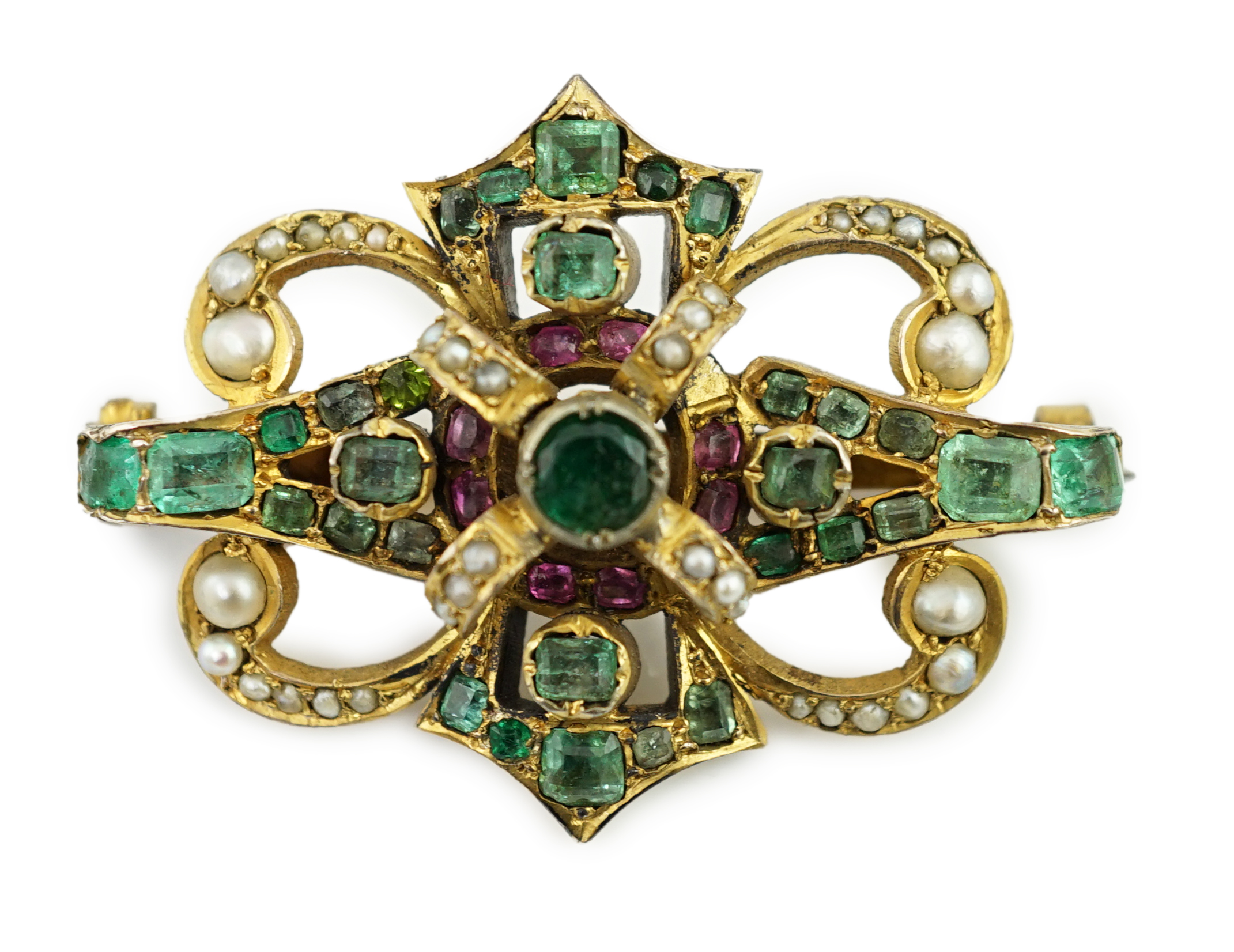 A Victorian gold, emerald, garnet? and graduated seed pearl cluster set brooch, in the Suffragette colours